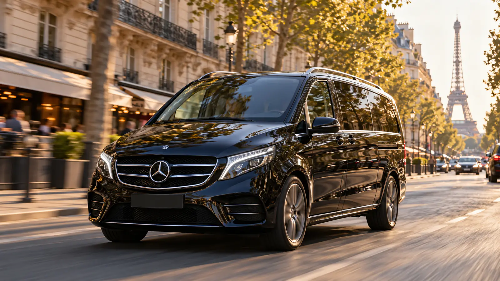 7 seater van Paris: family of seven getting into a black Mercedes V-Class with its driver
