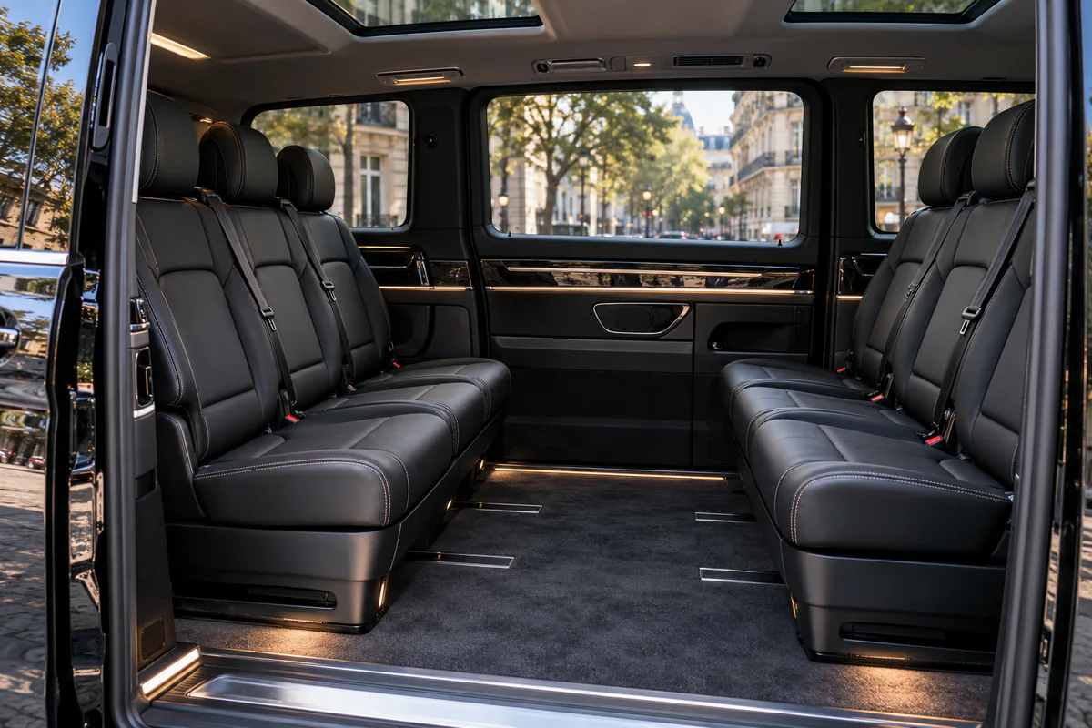 Seven-seat layout of a Mercedes V-Class with two facing rear benches and child seats fitted