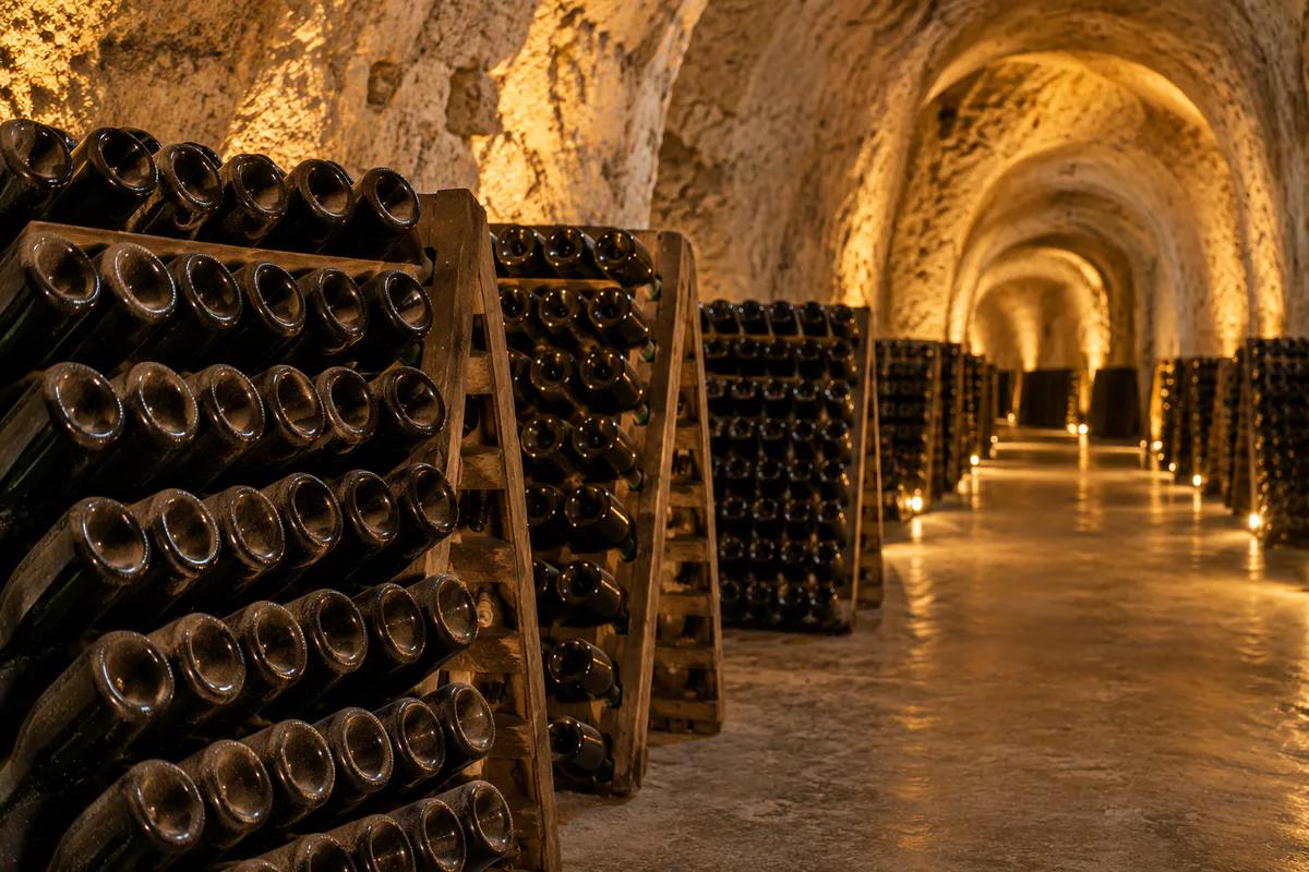 Chalk cellar with champagne bottles on riddling racks in Reims