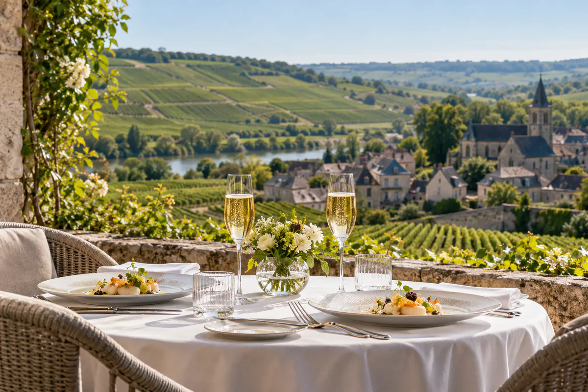 Champagne day trip from Paris private driver: lunch table on a terrace overlooking the vineyards