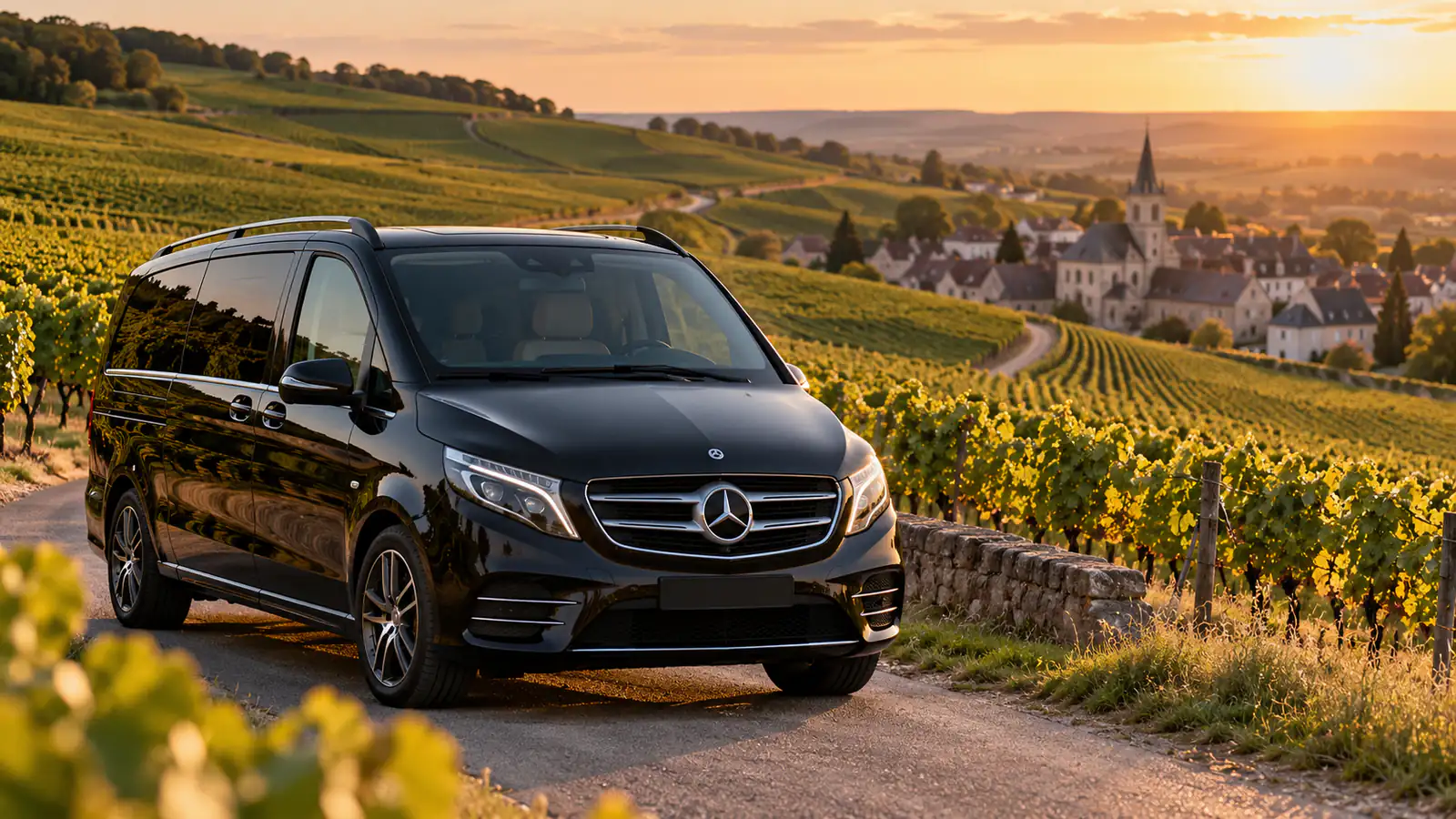 Champagne day trip from Paris private driver: black Mercedes V-Class on a lane through the vineyards