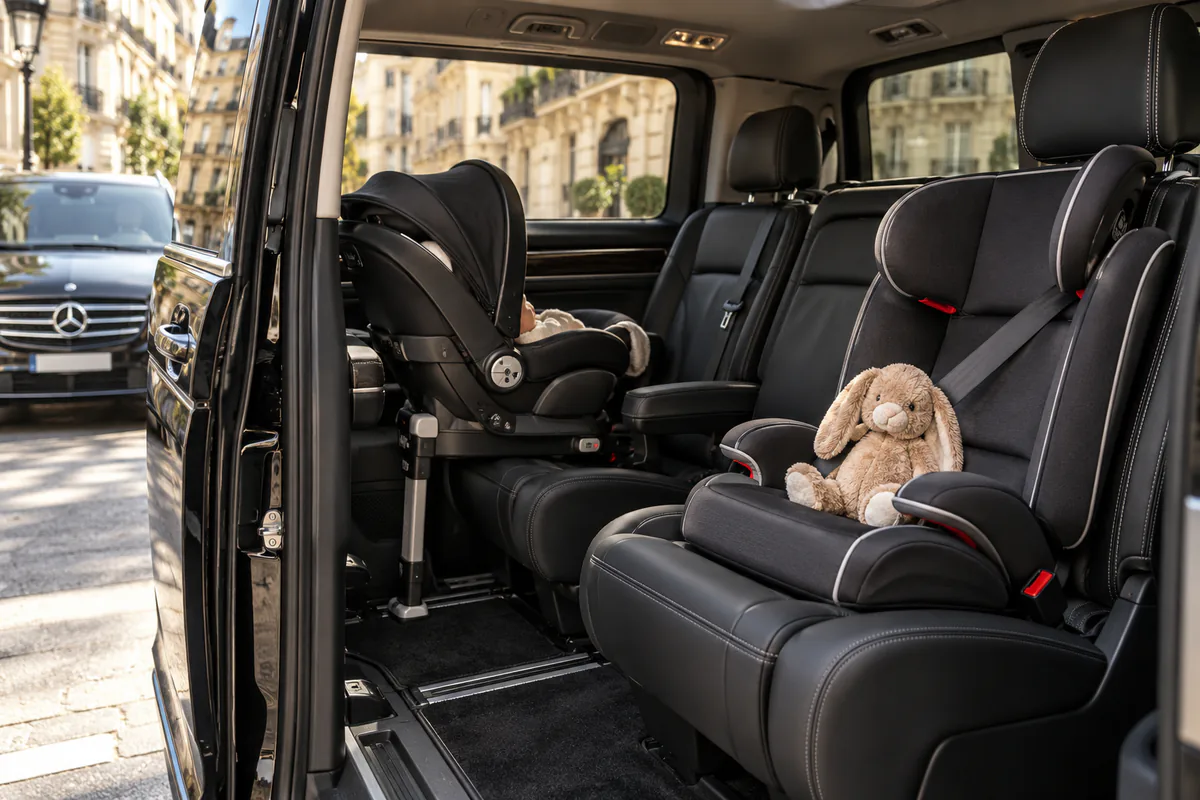 Van interior with a rear-facing baby seat, a child seat and a booster installed