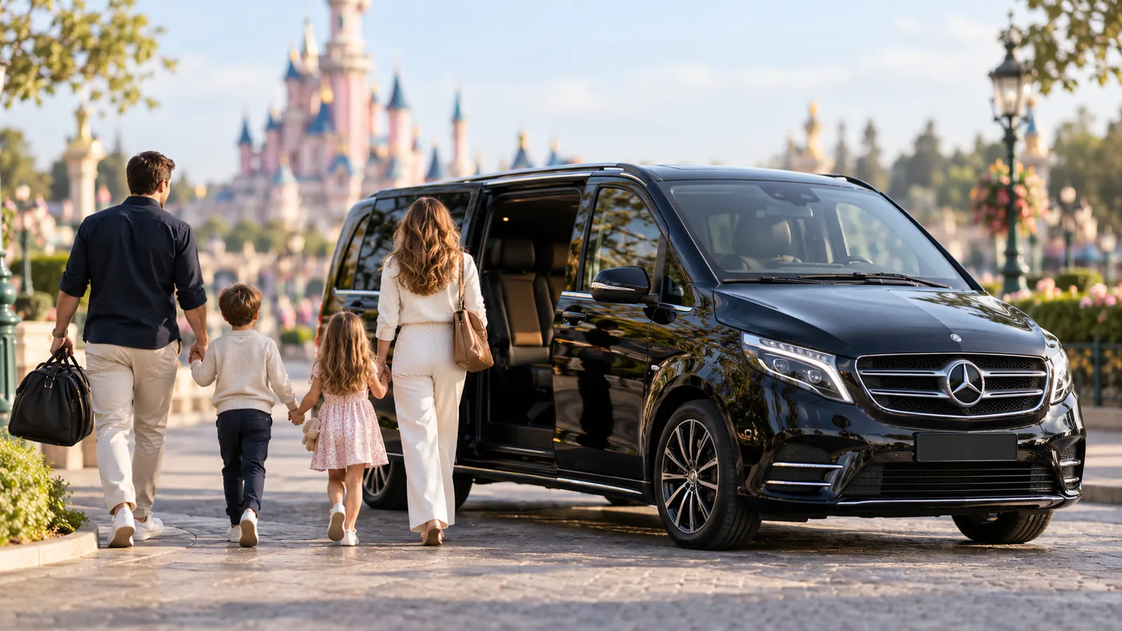 Family with a stroller next to an open V-Class with child seats for a Disneyland Paris transfer