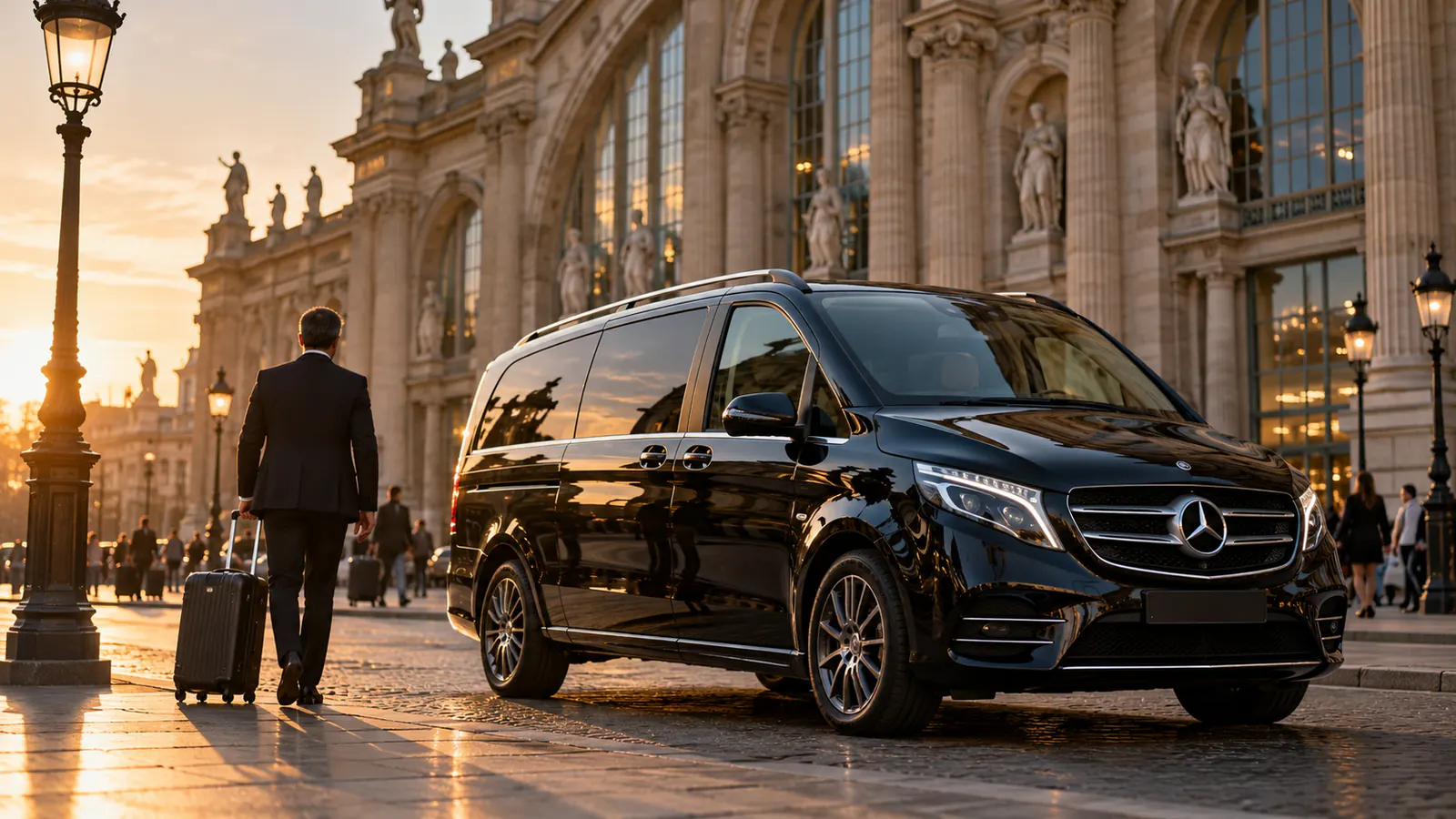 V-Class stopped on a busy Paris street near a neoclassical station facade, chauffeur loading bags