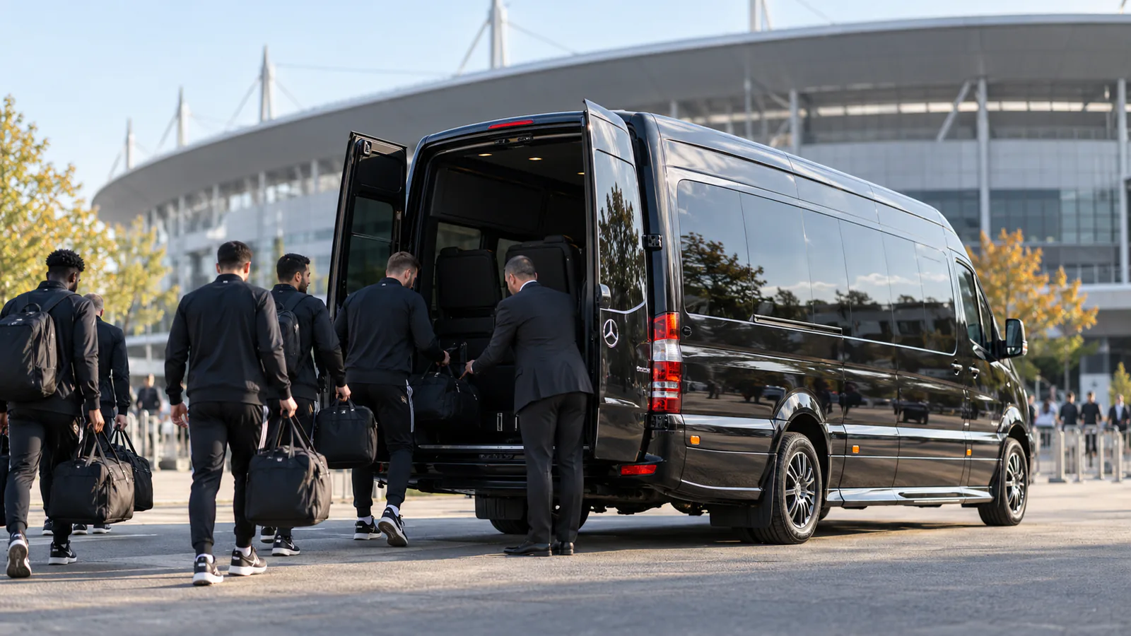 Group transport Paris with driver for a sports team: kit bags loaded into a black Mercedes Sprinter