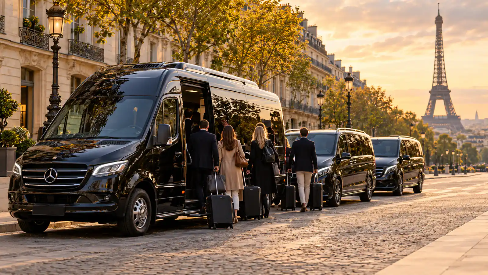 Group transport Paris with driver: three black Sprinters and two V-Class outside a hotel, a group boarding