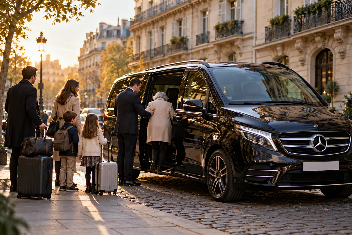 Three-generation family getting into a V-Class, chauffeur helping the grandmother
