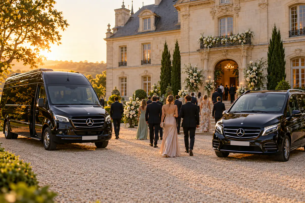 Group transport Paris with driver for a wedding: guests walking from a Sprinter to a chateau venue