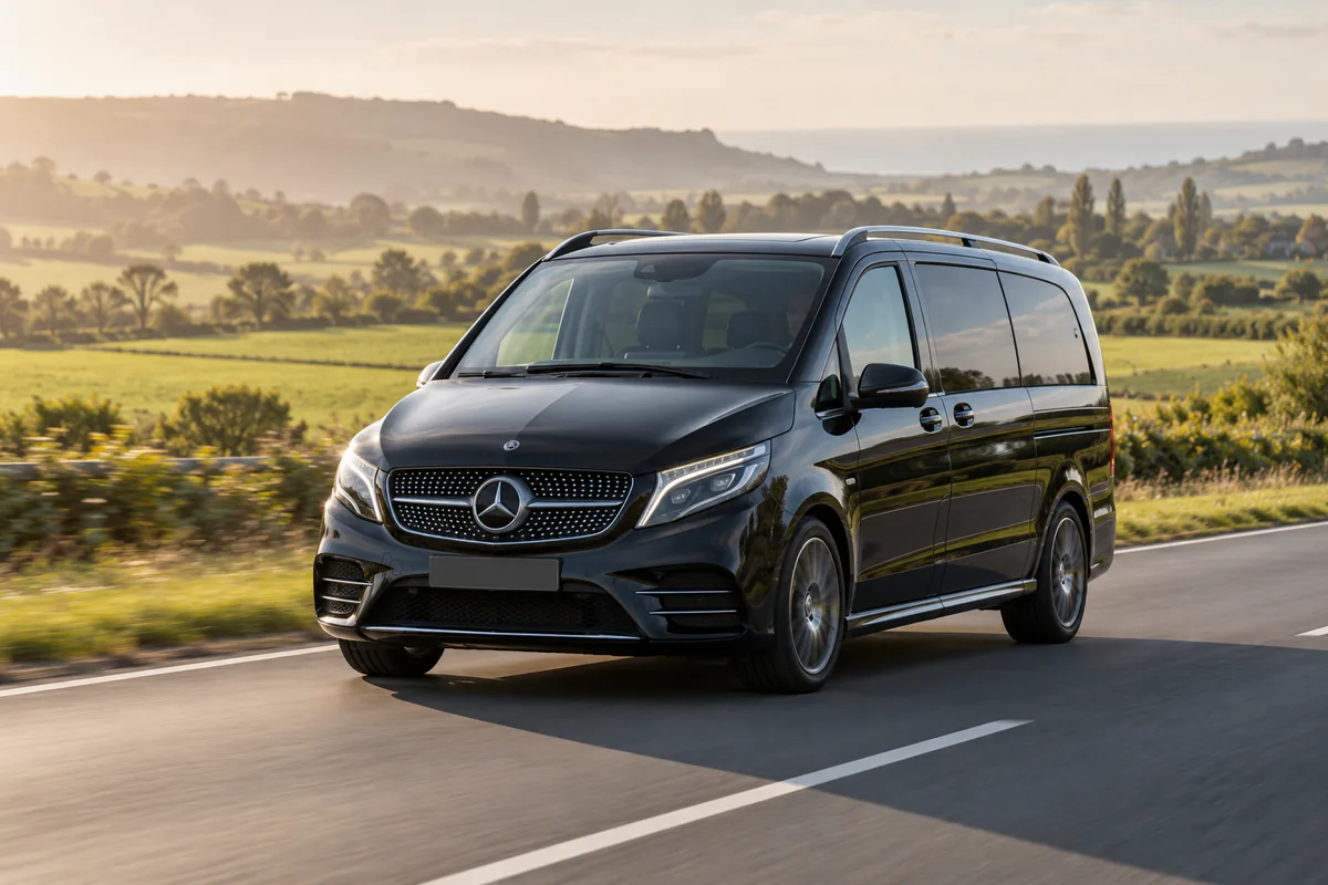 Mercedes van on the A13 motorway through Normandy between Le Havre and Paris