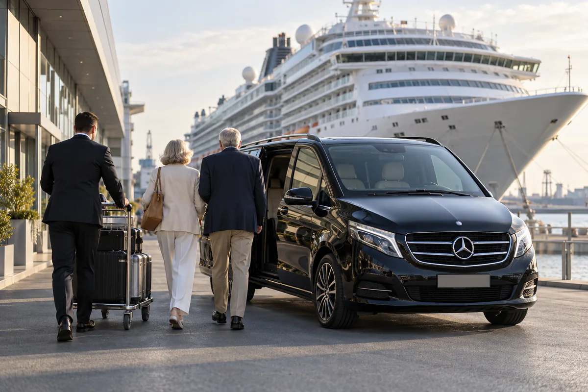 Le Havre cruise port transfer to Paris: chauffeur with a luggage trolley meeting passengers off the ship