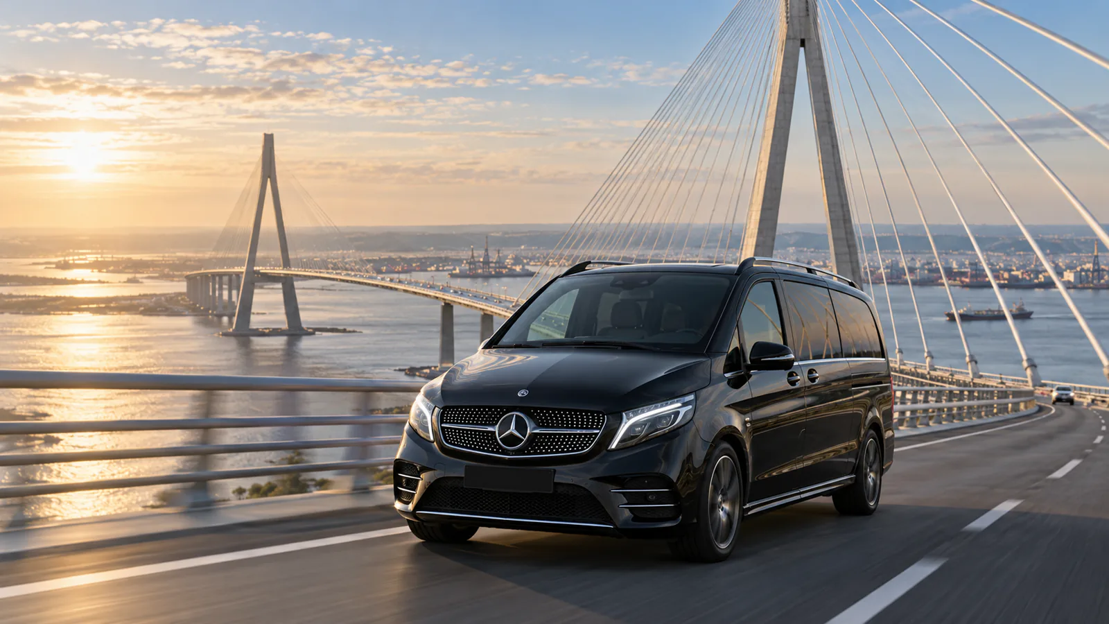 Le Havre cruise port transfer to Paris: black Mercedes V-Class crossing the Pont de Normandie