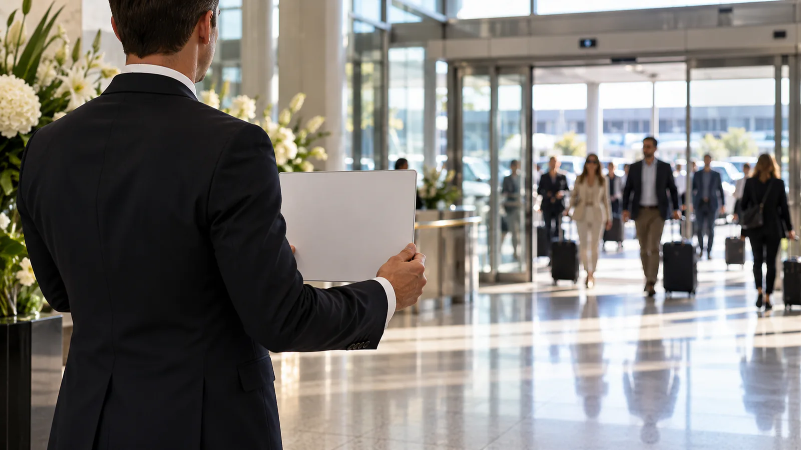 Meet and greet Paris chauffeur holding a name sign in an arrivals hall