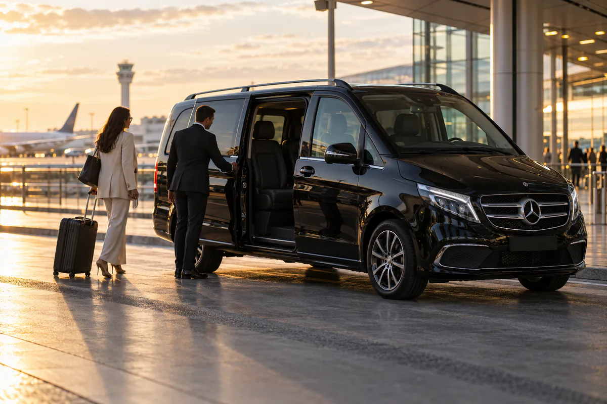 Chauffeur loading a suitcase and a stroller into a private van outside a Paris hotel