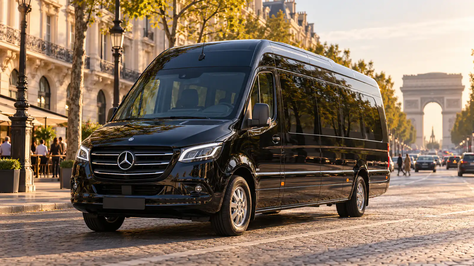 Mercedes Sprinter with driver Paris service, a black minibus along the Seine