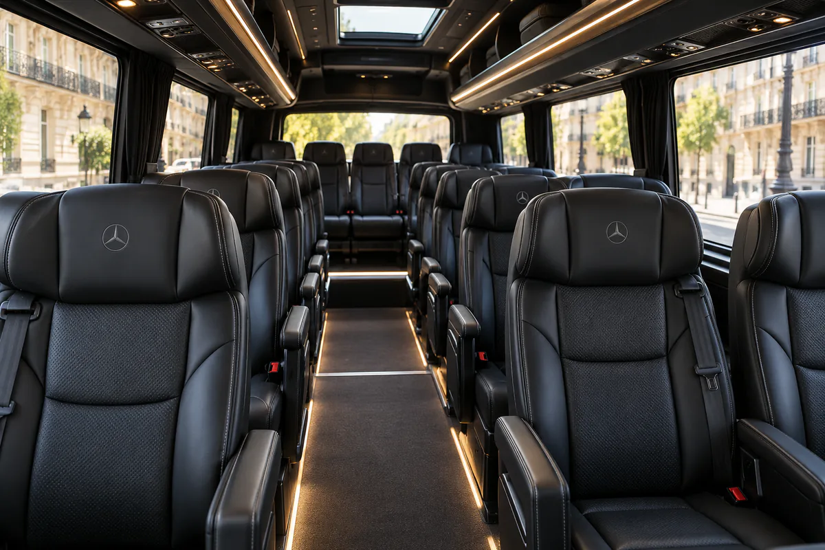 Rows of passenger seats inside a Mercedes Sprinter minibus with driver