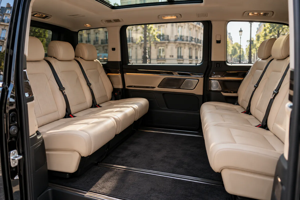 Mercedes V-Class with driver Paris: beige leather salon seats facing each other