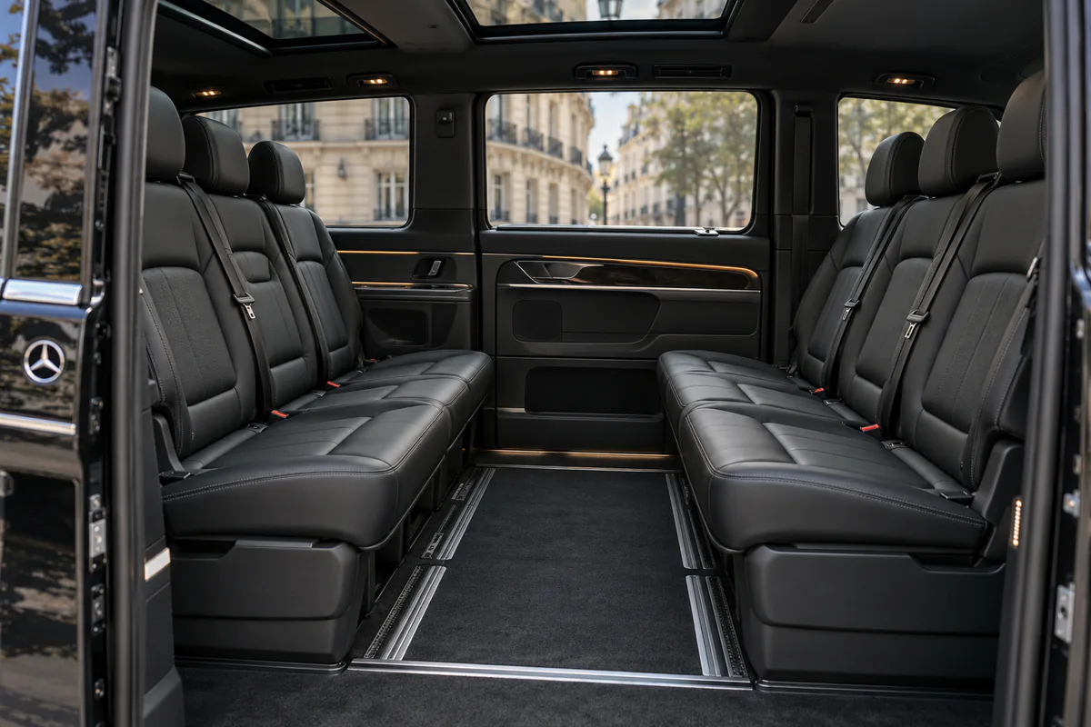 Lounge layout inside a Mercedes V-Class with two rear benches facing each other