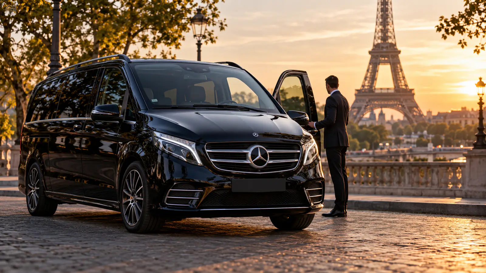 Black Mercedes V-Class with driver Paris service, parked on a Haussmann street at dusk