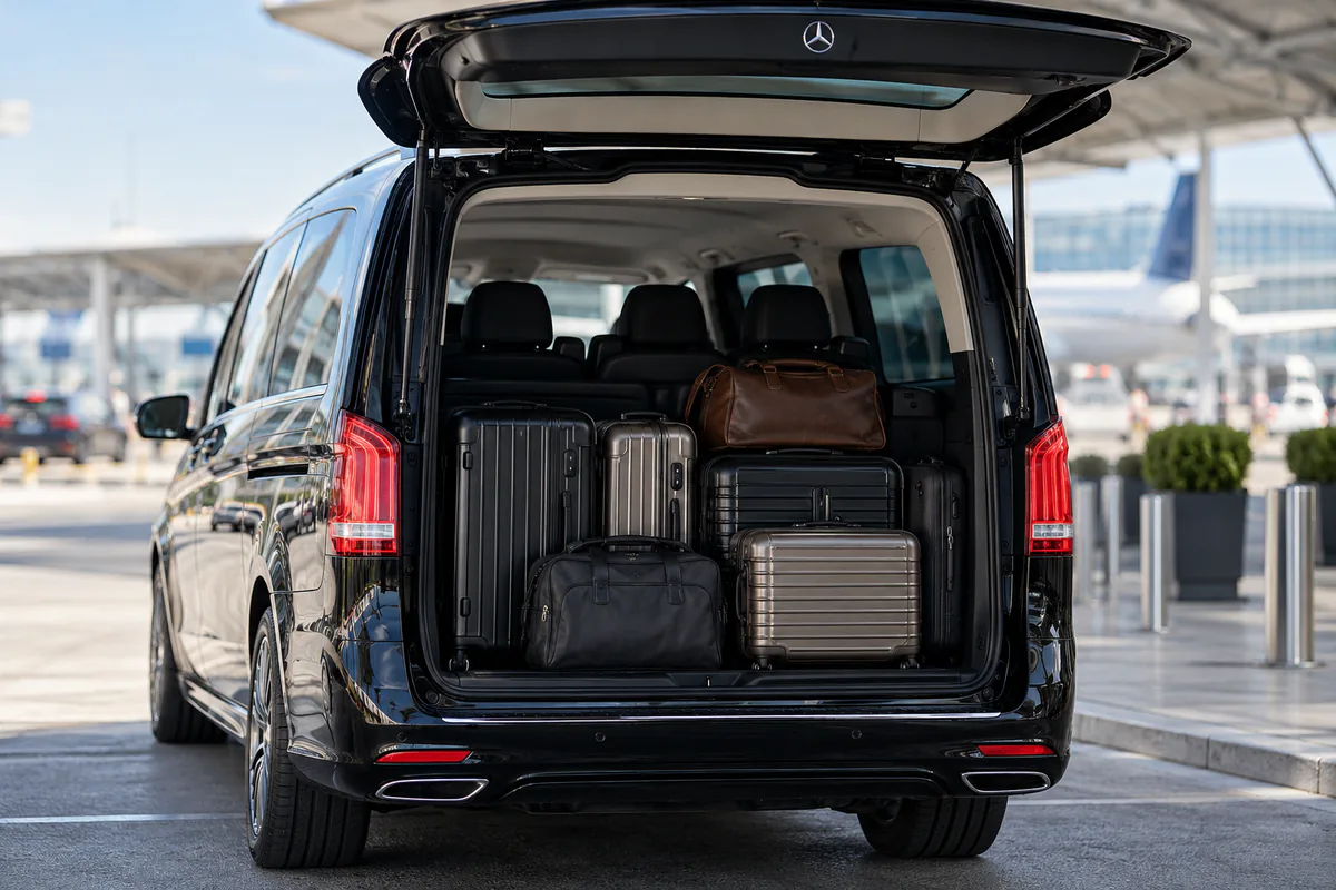 Suitcases loaded in the boot of a Mercedes V-Class