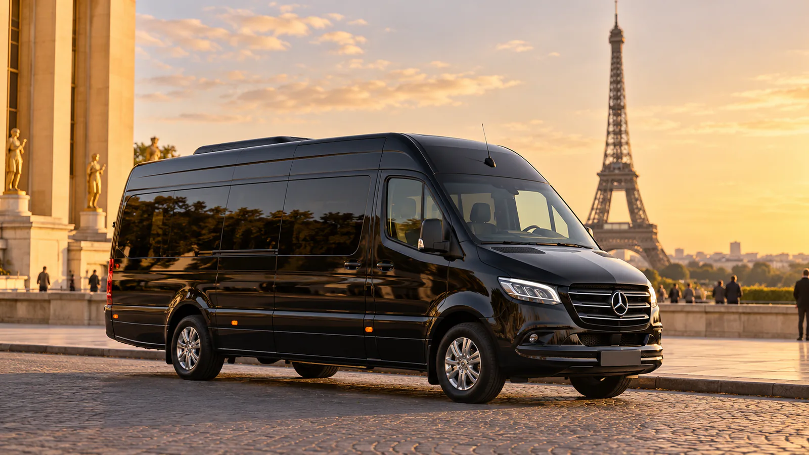 Minibus with driver Paris: group boarding a black Mercedes Sprinter outside a hotel