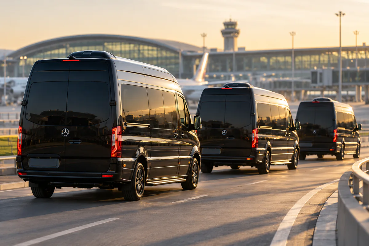 Three Mercedes Sprinter minibuses with drivers lined up for a group airport pickup near Paris