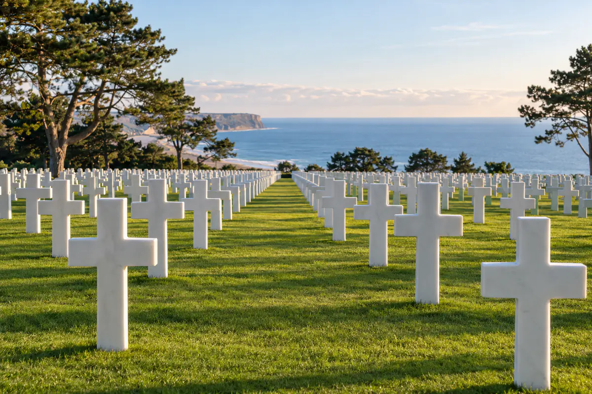 White crosses at the Normandy American Cemetery overlooking Omaha Beach