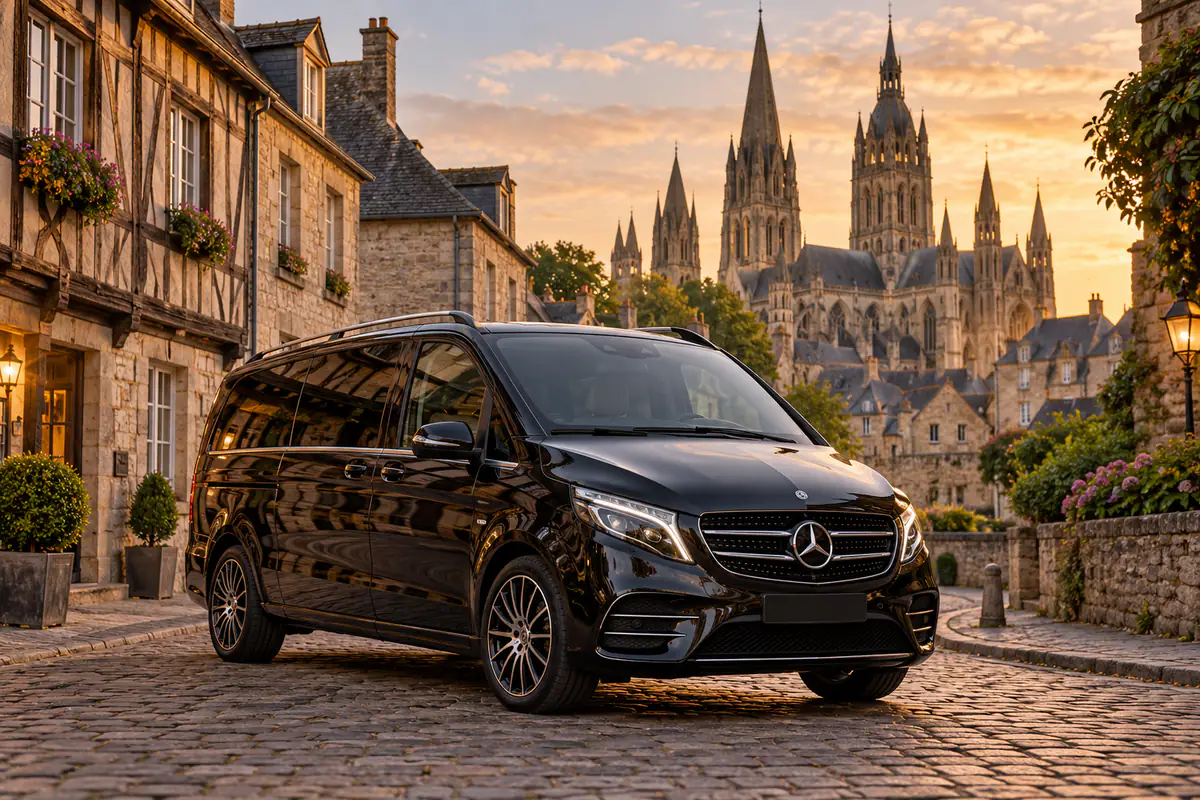 Normandy D-Day private tour from Paris over two days: Mercedes V-Class in Bayeux, cathedral behind