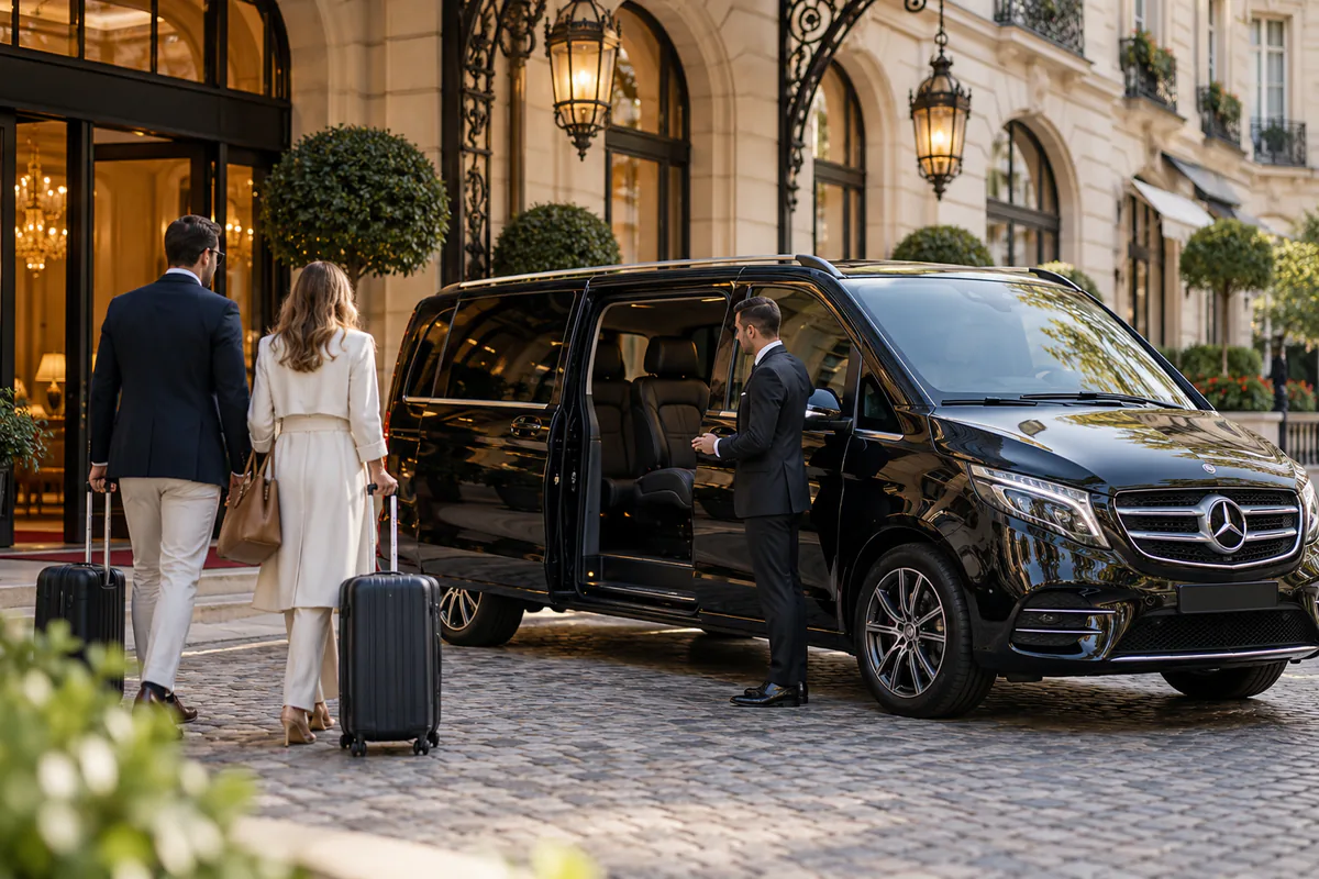 Chauffeur loading suitcases into a van outside a Paris hotel before dawn