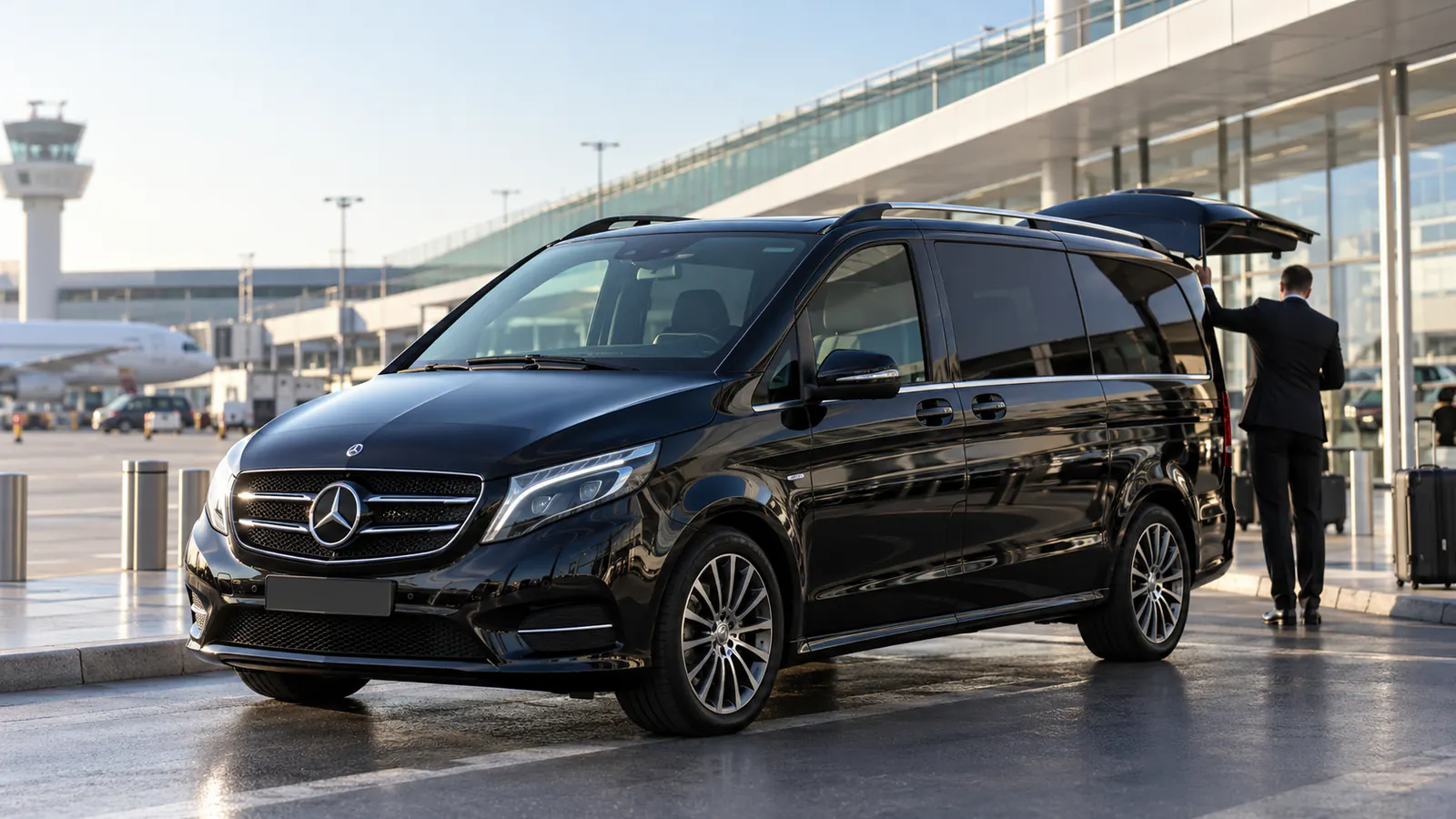 Mercedes V-Class outside a glass terminal, ready for an Orly airport van transfer