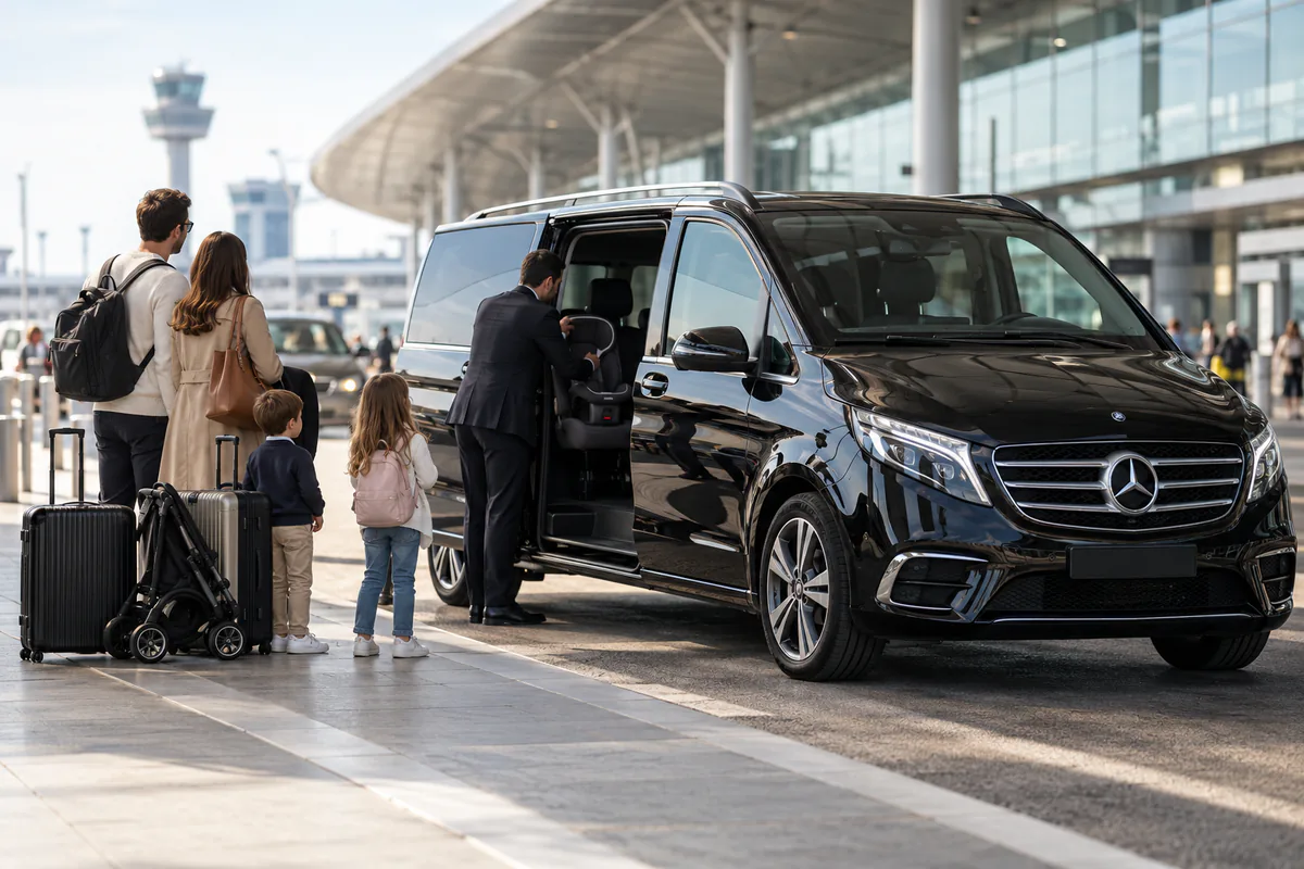 Paris airport transfer for a family: chauffeur fitting a child seat in a Mercedes V-Class at the terminal