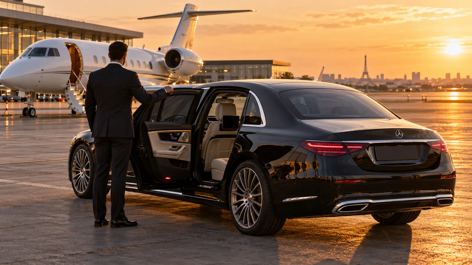 Paris airport transfer from Le Bourget: black Mercedes S-Class waiting at a business aviation terminal
