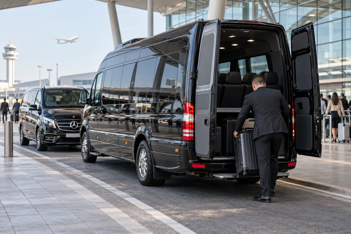 Paris airport transfer luggage: chauffeur loading suitcases into a Mercedes Sprinter, V-Class behind