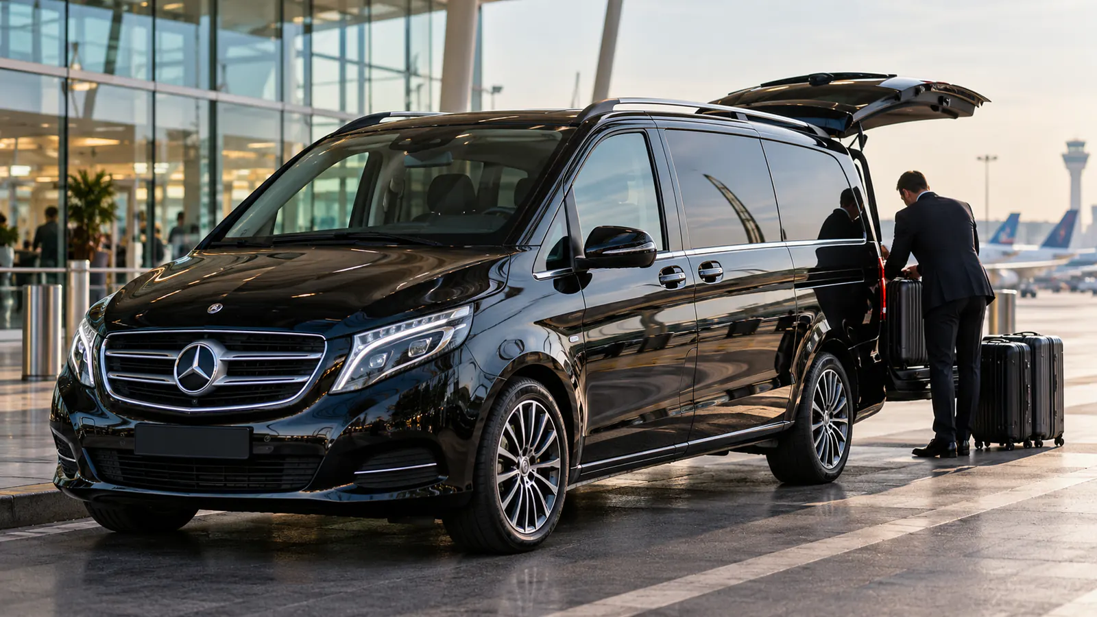 Mercedes V-Class and Sprinter at a terminal at dusk, ready for a Paris airport transfer