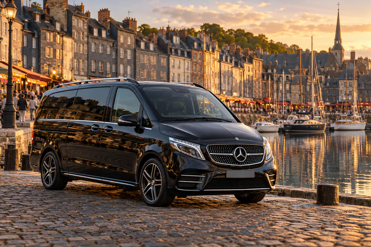 Paris cruise transfers via Normandy: black Mercedes V-Class on the old harbour quay in Honfleur