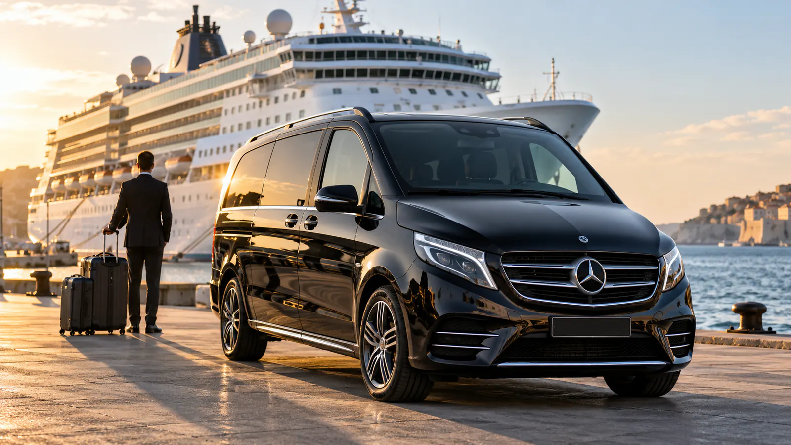 Private van and Sprinter waiting on the quay next to a cruise ship for Paris cruise transfers