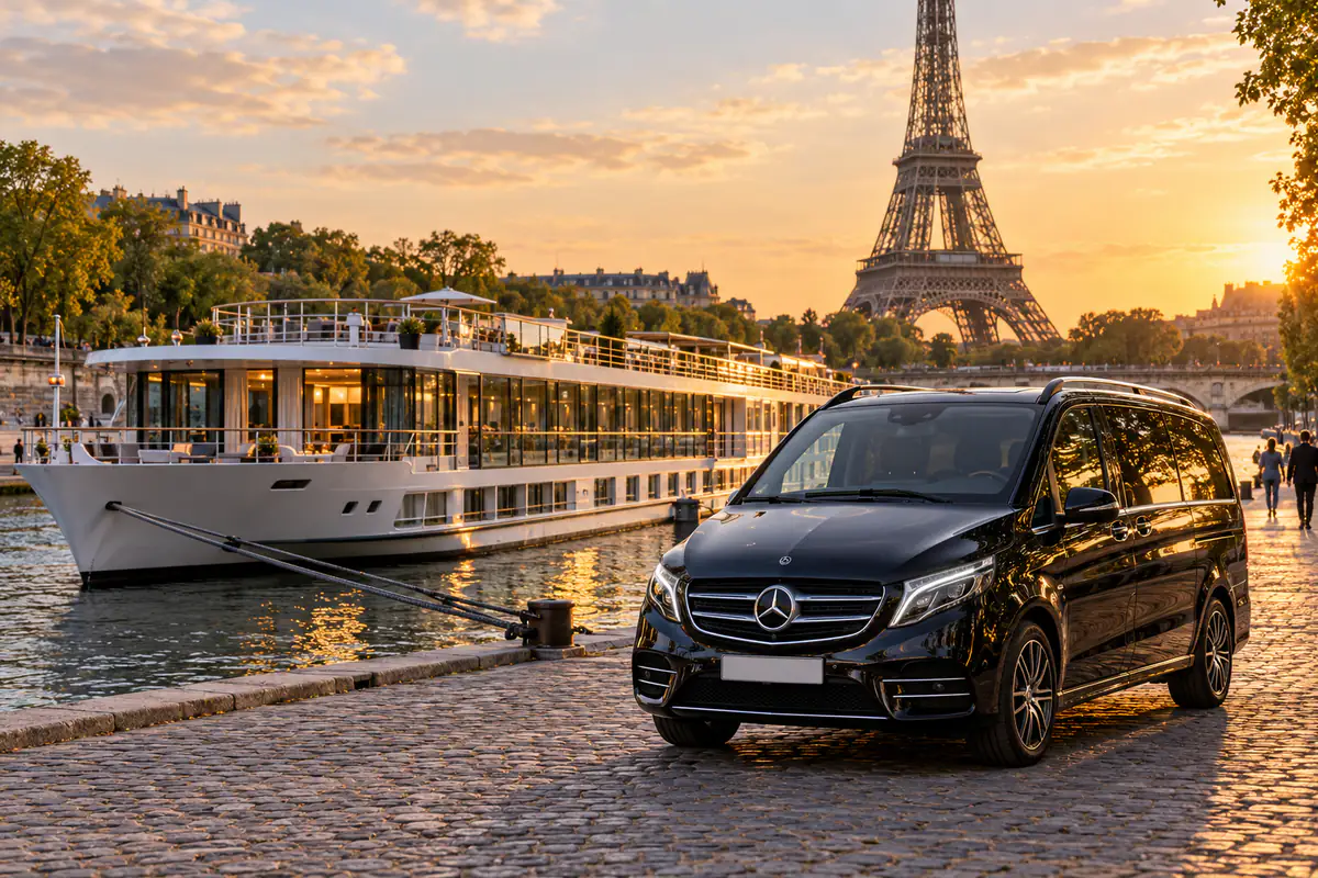 River cruise ship moored on the Seine in Paris with a private van waiting on the quay