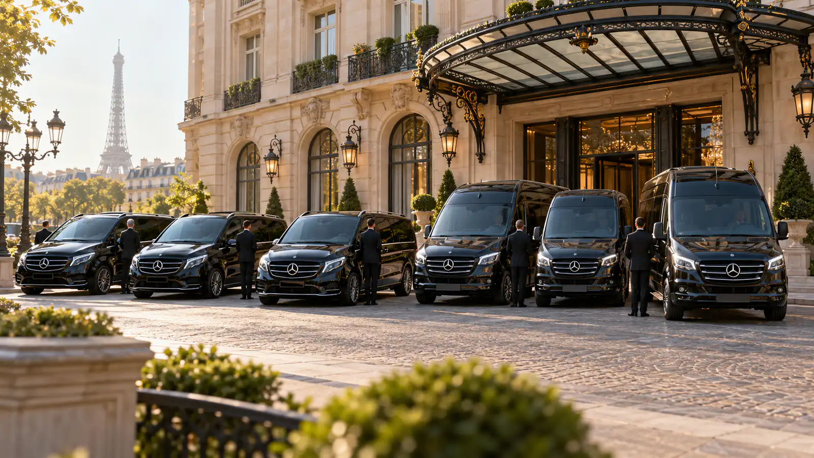 Mercedes Sprinters and V-Class vans lined up for Paris ground transportation for travel agencies