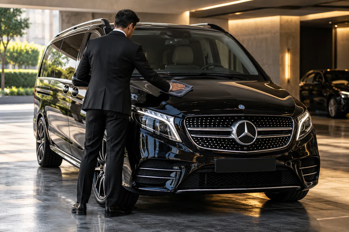 Paris Premium Van chauffeurs standing beside their Mercedes vans