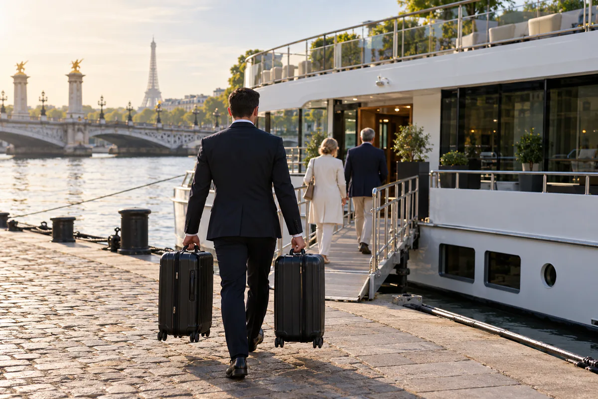 Chauffeur carrying suitcases down to a river cruise ship on a Seine quay in Paris