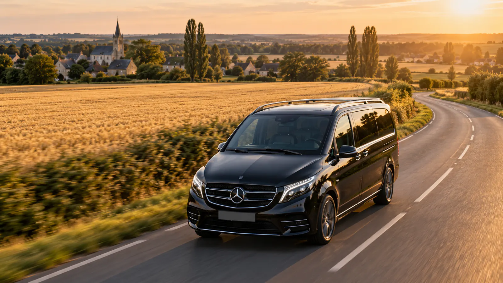 Mercedes V-Class on a country road during private day trips from Paris by van