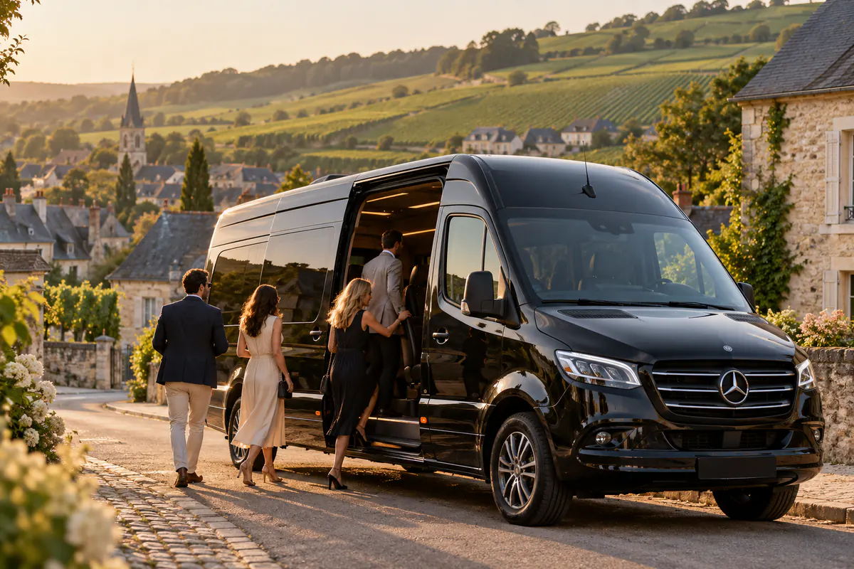 Group stepping out of a Mercedes Sprinter in a village during a private day trip from Paris