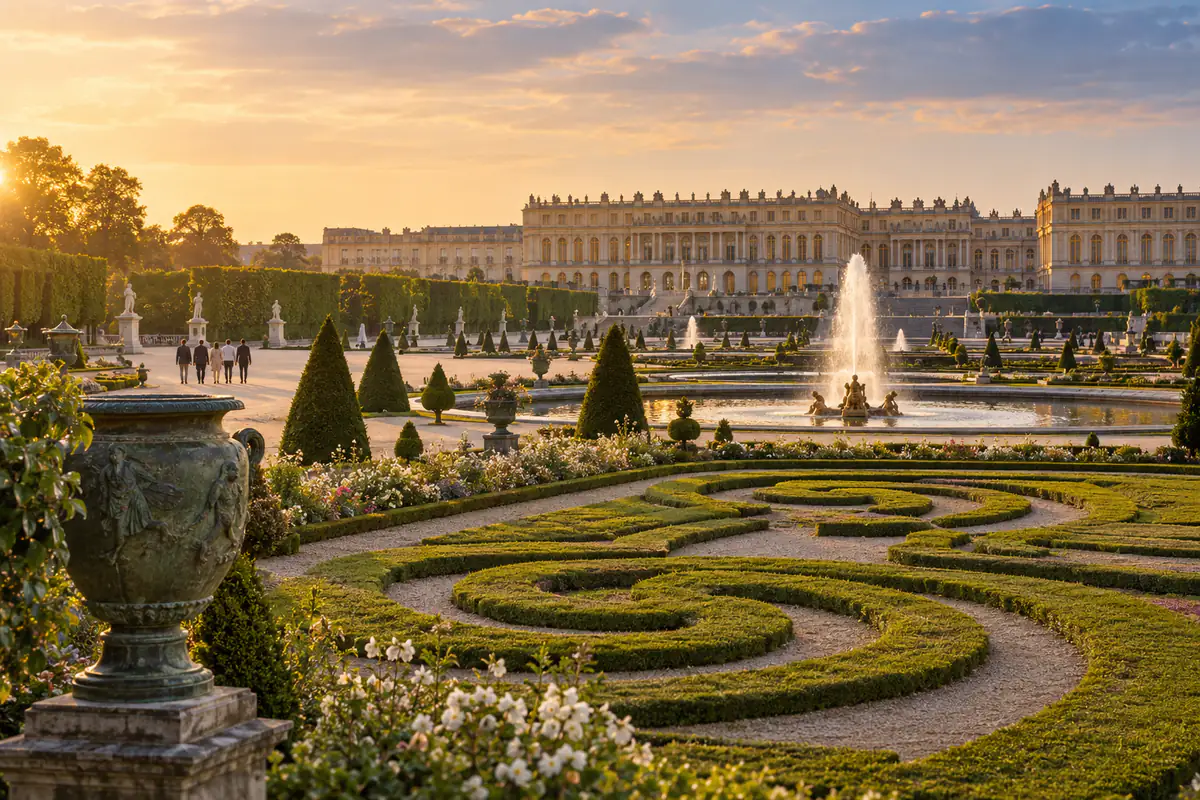 Family walking in the gardens of Versailles during a day out with a private driver