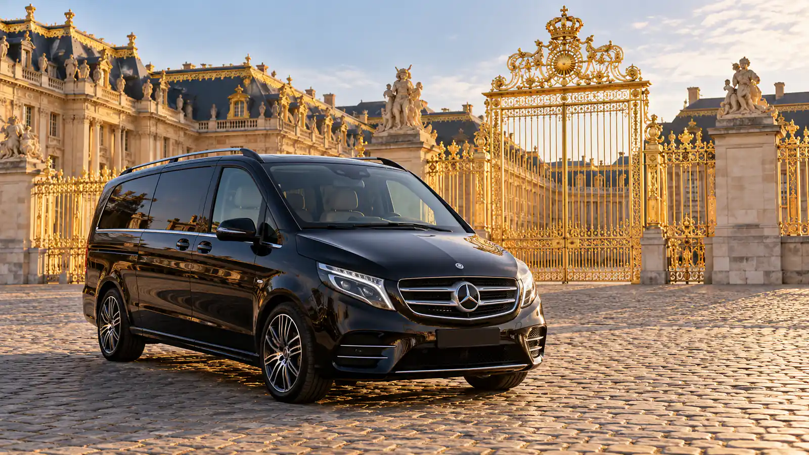 Black Mercedes V-Class near the Palace gates with a Versailles private driver from Paris